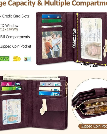 HUANLANG Small Wallets for Women Rfid Blocking Leather Bifold Credit Card Holder Ladies Wallet Zipper Pocket with ID Window