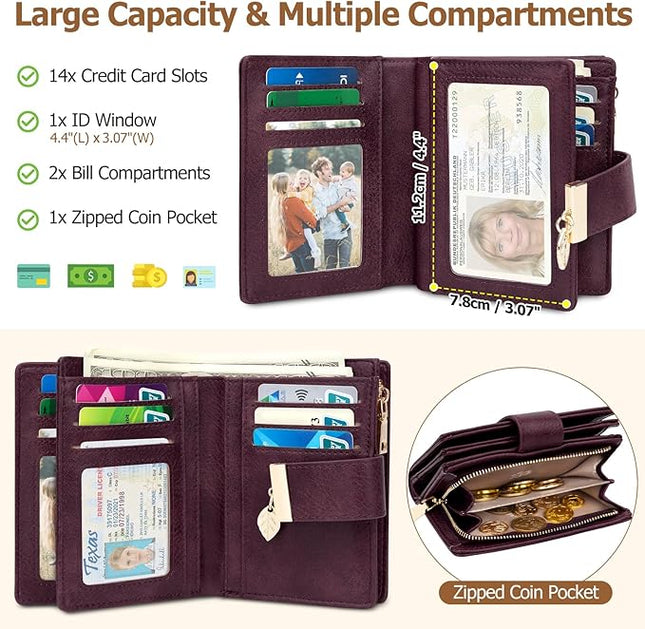 HUANLANG Small Wallets for Women Rfid Blocking Leather Bifold Credit Card Holder Ladies Wallet Zipper Pocket with ID Window