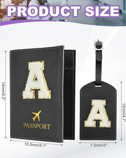 PATIKIL Passport Holder for Travel, Initial Passport Cover and Luggage Tag Set with Alphabet Chenille Letter Patch Travel Wallet Bag Suitcase Identifier for Women Family Travel Black A