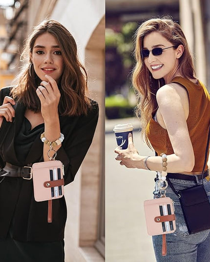 Keychain Wallet with Bracelet RFID Blocking Wristlet Credit Purse Card Holder, Silicone Bead Tassel Key Ring for Women
