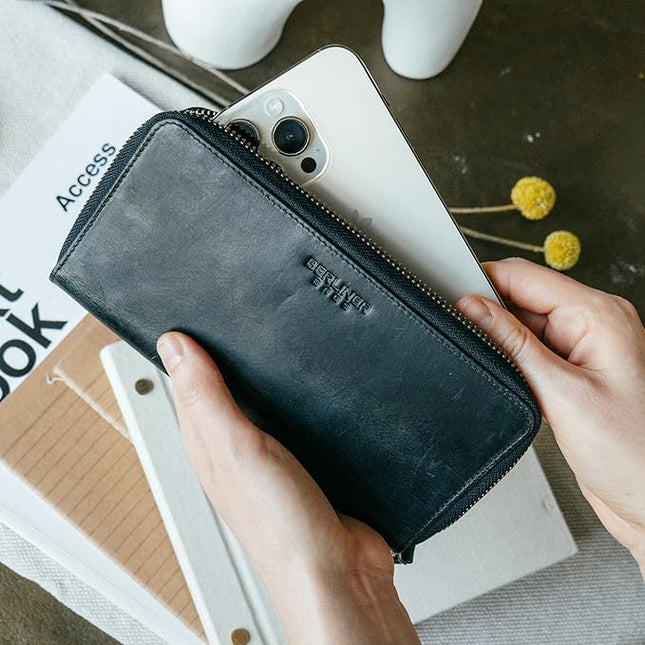 BERLINER BAGS Vintage Genuine Leather Wallet Margo, RFID Blocking Credit Card Holder, Slim Womens Wallet, Zip Around Wallet for 13 Cards and ID window, Bills, Coins - Dark Grey