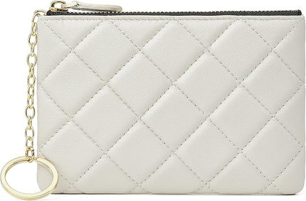 DORIS&JACKY Soft Lambskin Leather Coin Purse Small Quilted RFID Blocking Top Zipper Wallet With Key Chain