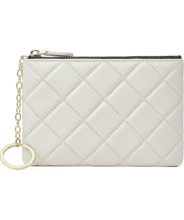 DORIS&JACKY Soft Lambskin Leather Coin Purse Small Quilted RFID Blocking Top Zipper Wallet With Key Chain