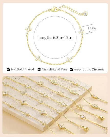 FUNEIA Dainty Silver Gold Bracelets for Women Trendy Non Tarnish 14K Gold Plated Waterproof Diamond Bracelets Cute Stackable Heart Butterfly Clover Cross Evil Eye Charm Bracelet Stack Jewelry Gifts