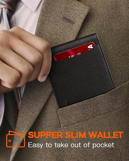 RUNBOX Slim Wallet for Men Genuine Leather RFID Blocking Bifold Minimalist Front Pocket Mens Wallet with Money Clip Thin Gift Box