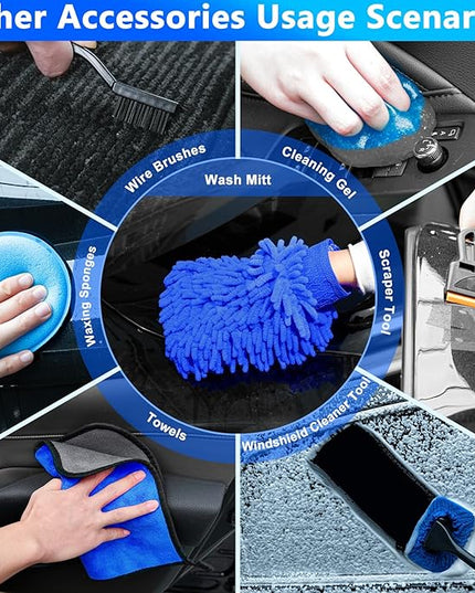 THINKWORK Car Wash Kit, Car Detailing Kit with Foam Gun, Car Wash Brush Mop and Large Folding Bucket Suitable for Car Cleaning, Blue Car Wash Set Gift for Men and Women