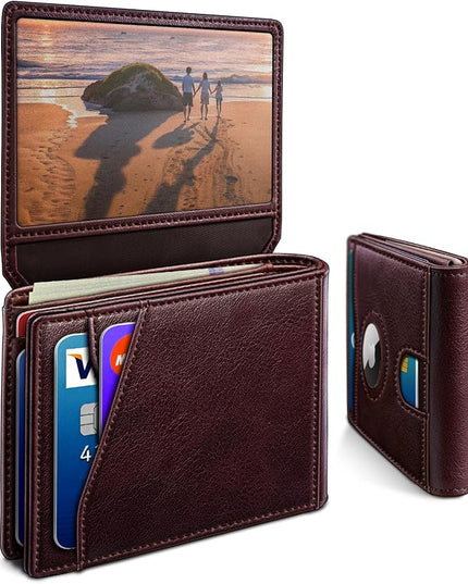 miyozi Airtag Wallet for Men,with Cash Pocket 2 ID Window 13 Cards,Slim Leather Wallet Front Pocket Card Holder RFID Blocking with Gift Box