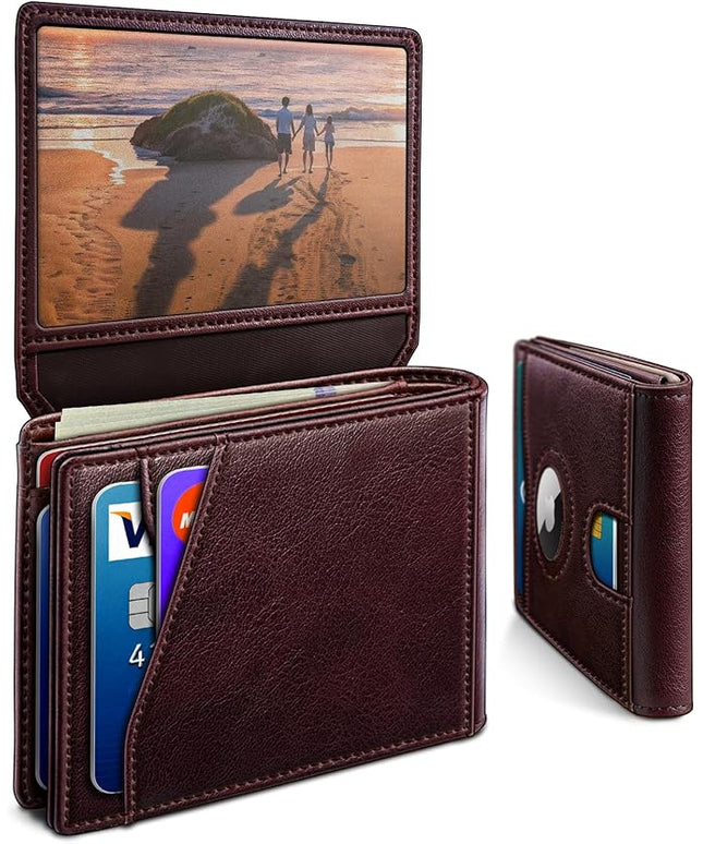 miyozi Airtag Wallet for Men,with Cash Pocket 2 ID Window 13 Cards,Slim Leather Wallet Front Pocket Card Holder RFID Blocking with Gift Box