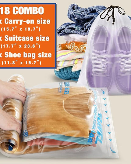 Travel Essentials Compression Bags, 12 Clothes Bags and 4 Shoe Bags for Cruise Luggage Accessories (16-Travel)