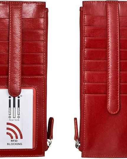 ili New York Long Double Sided Slim Wallet, RFID Blocking Card Holder with ID Window and Side Zip Pocket for Men and Women, Red