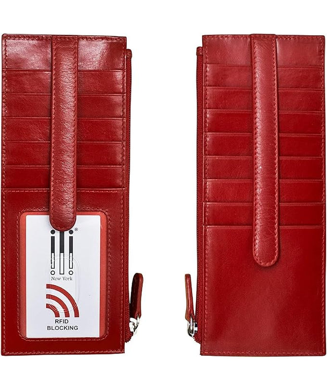 ili New York Long Double Sided Slim Wallet, RFID Blocking Card Holder with ID Window and Side Zip Pocket for Men and Women, Red