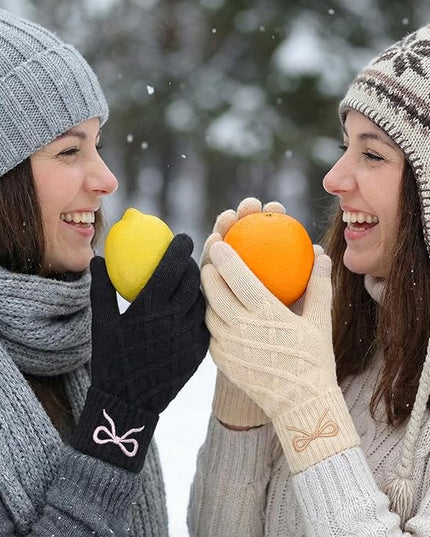 Liitrsh Women Winter Gloves with Embroidery Bow Touchscreen Warm Elastic Knit Lining Gloves for Cold Weather Gift