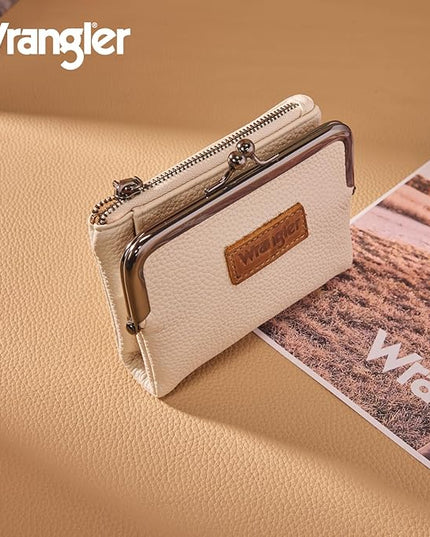 Montana West Wrangler Women's Wallet RFID Blocking Wallets Small Bifold Credit Card Holder with Kiss Clasp Beige