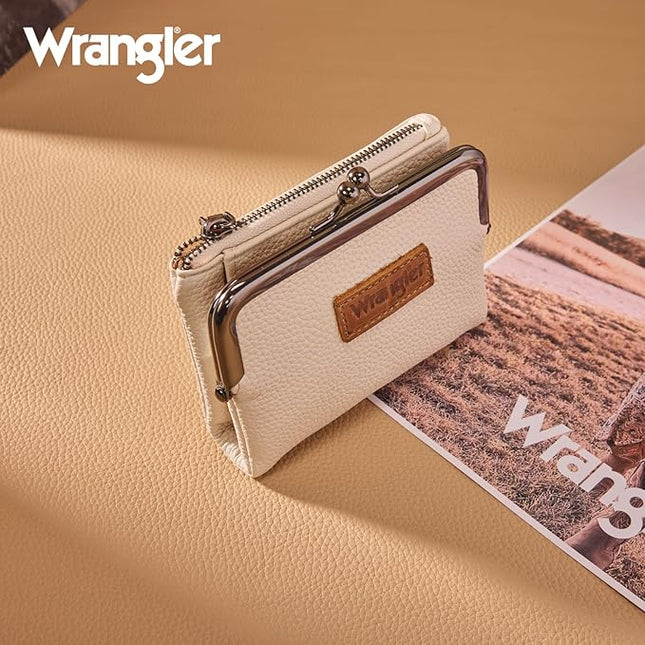 Montana West Wrangler Women's Wallet RFID Blocking Wallets Small Bifold Credit Card Holder with Kiss Clasp Beige
