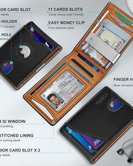 miyozi Airtag Wallet for Men,with Money Clip 11 Cards Slim Front Pocket Leather RFID Blocking Wallet with Gift Box