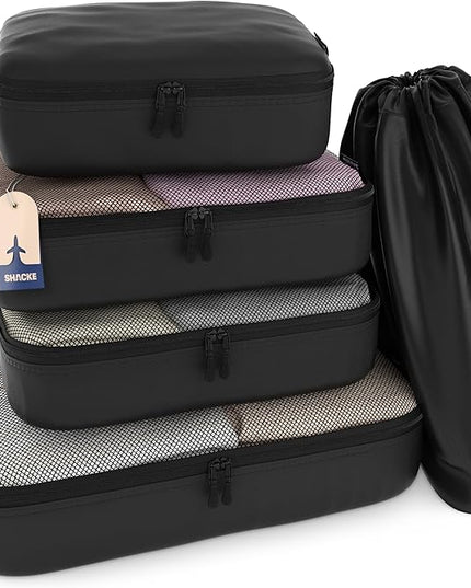 Shacke Premium 5 Packing Cubes Set - Lightweight Mesh Travel Luggage Organizers with Laundry Bag, 5-Piece Suitcase Storage System (Air Black)