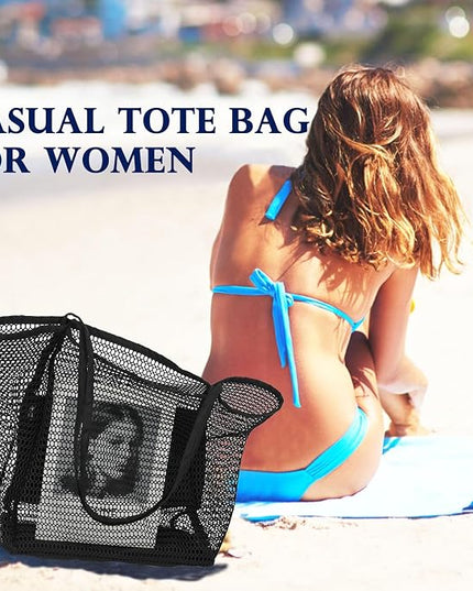 Mesh Beach Bag, Large Beach Tote with Zipper Pocket, Toys Pool Bag for Family Travel Vacation Cruise Essentials