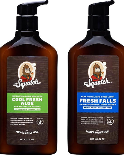 Dr. Squatch Natural Hand and Body Lotion for Men - Made with Shea Butter, Coconut Oil, Vitamin E for 24-Hr Moisturization - Cool Fresh Aloe & Fresh Falls (10 fl oz, 2-Pack)