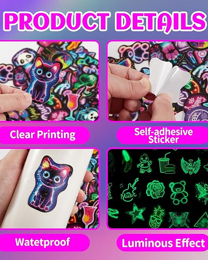 Glow in The Dark Neon Water Bottle Stickers for Kids, 70 Pcs Waterproof Vinyl Laptop Decals, Teens Girls Boys Adults Phone Case Skateboard Luggage Decor