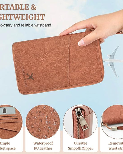 Family Passport Holder Wallet with Zipper, RFID Blocking Travel Document Organizer for Women Men, Travel Essentials Gift, Can be Worn Crossbody (Brown)
