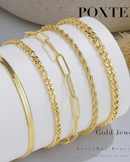 Gold Bracelets Set for Women Stack, Dainty Thick Bracelets Stack for Women Trendy, Simple Thin Gold Plated Cuff Stackable Bracelets With Beaded Cuban Paperclip Snake Rope Bangle Hand Chain Jewelry Gifts for Women Non Tainish