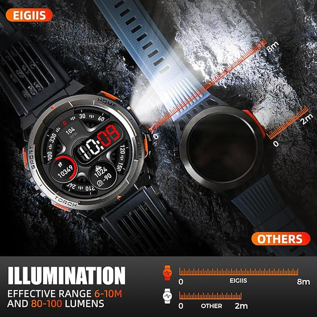 EIGIIS KE5 Military Smart Watch for Men with Flashlight SOS 3ATM Waterproof Watch 530mAh Big Battery 1.45" Rugged Tactical Smartwatch with Compass Elevation Barometer Fitness Watch for iPhone (Green)