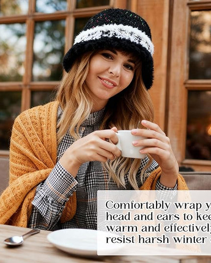 YI HENG MEI Women Knit Bucket Hat, Fluffy Winter Fisherman Hat Fuzzy Soft Warm Beanie Caps Women Cloche Caps Warm Bowler Hats