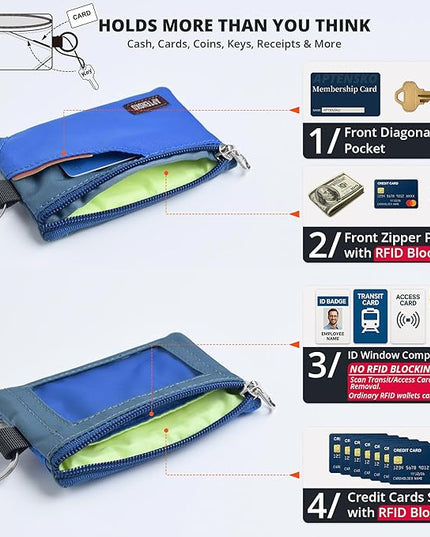 RFID Travel Wallet with Adjustable Lanyard-Zipper Small Wallet with ID Card Holder, Keychain for women&men-Minimalist Slim Waterproof Nylon case for ID, Cash, Key (Blue+SlateBlue)