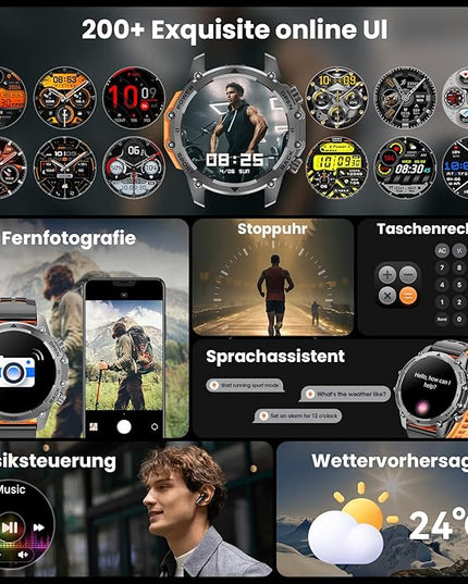 Hwagol Smart Watches for Men (Call/Notification),1.52'' Military Smart Watch, Two Style Kits,Flashlight,100+Sport Modes/Heart Rate/Sleep Monitor/Pedometer (Orange-Blue)