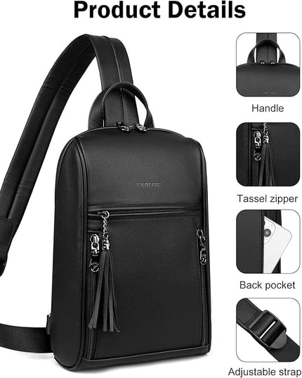 FADEON Sling Bag for Women, Crossbody Backpack with Tassels, Designer Leather Shoulder Chest Bags for Travel