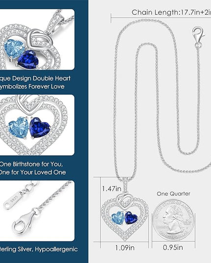 LOUISA SECRET Sparkling Double Heart Birthstone Necklaces for Women, 925 Sterling Silver Fine Jewelry, Pendant Heart Necklaces Birthday Anniversary Christmas Gift for Women Wife Mom Girlfriend Lady