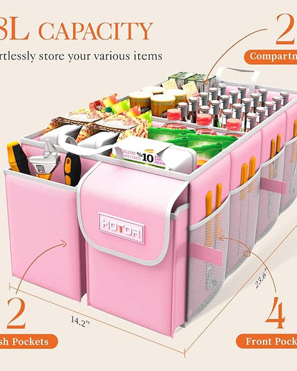 HOTOR Foldable Trunk Organizer - SUV & Sedan Compatible, 2 Compartments, Pink, 23.6"14.2"10.6" Sturdy Car Organization for Accessories, Tools, Sundries