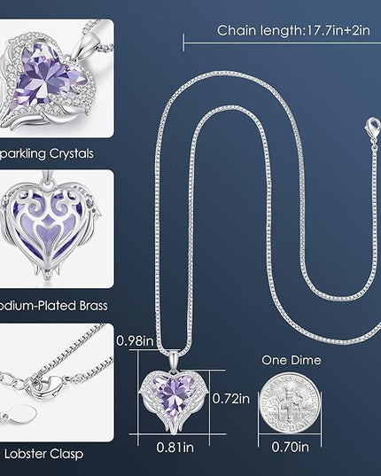 CDE Christmas Gifts for Women Angel Wings Necklace for Women with Birthstone, Love Heart Silver Tone/Gold Tone Pendant, Ideal Anniversary or Birthday Jewelry Gifts for Wife Girlfriend Her