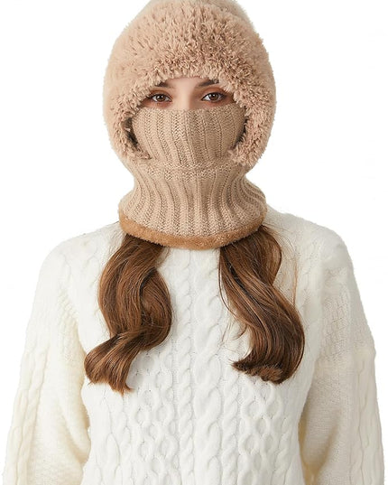 HUAMULAN Women Winter Beanie Hats One Piece Fleece Lined Knit Balaclavas Mask Set Skull Neck Circle Scarf Ski Snow Hat Pompom