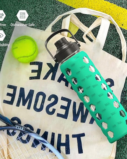 MUKOKO 32oz Glass Water Bottles with 2 Lids-Handle Spout Lid&Bamboo Straw Lid, Motivational Water Tumbler with Time Marker Reminder and Silicone Sleeve, Leakproof-Green-1 Pack