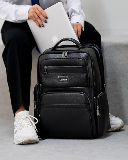 Durable Leather Laptop Business Backpack Perfect for Men & Women, Work Backpack Fits 15.6 Inch, Premium Quality Travel Bag with USB Charging Port, Water-Resistant, Bookbag with Multiple Pockets