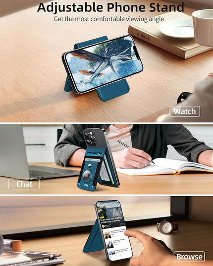 for Magsafe Wallet Stand with Airtag Holder, Strongest Magnetic Wallet for iPhone 17/16/15/14/13/12 Series, ID Window, 4 Card Slots, 10 Cards Holder, Vegan Leather, RFID Blocking, Dark Blue