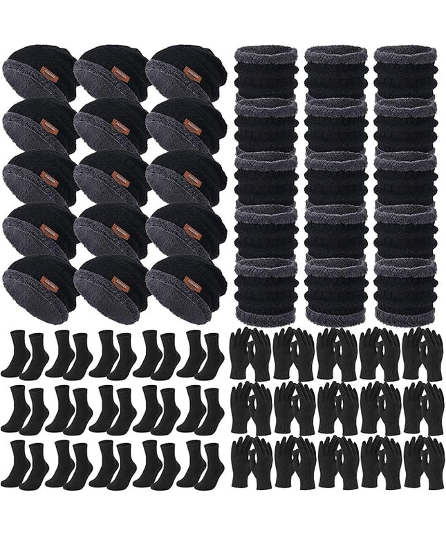 Sureio 60 Pcs Homeless Beanies Hat Scarf Glove Set Bulk Winter Knitted Beanies Gloves Scarf Socks for Homeless Care Package