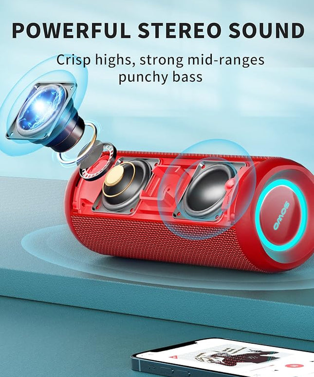 SOWO Portable Bluetooth Speaker, Waterproof IPX7, 25W Loud Wirelss Speaker with Big Audio and Punchy Bass, Outdoor Bluetooth for Party, Beach, Travel, Girls Gifts - Red