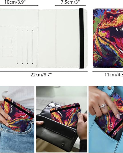 Passport Holder for Women and Men PU Leather Passport Cover for Travel (Colorful Dinosaur)