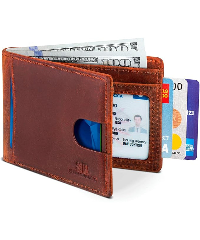 SERMAN BRANDS RFID Blocking Slim Bifold Genuine Leather Thin Minimalist Front Pocket Wallets for Men Billfold Wallet Men Gift