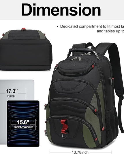 Boavan Laptop Backpack for men, 17.3 inch Laptop Bag with USB Port, Waterproof Travel Work Backpack Purse, Anti-Theft Teacher Nurse Doctor Casual Bookbags Office Business backpack，Black&Army Green