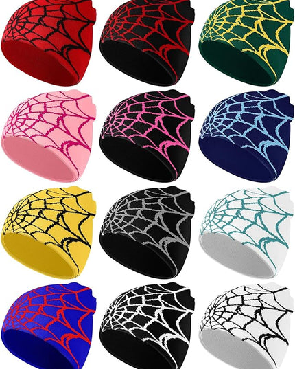 Toulite 12 Pieces Y2K Spider Web Beanie Gothic Graphic Beanies Outdoor Winter Warm Knitted Hat for Men Women