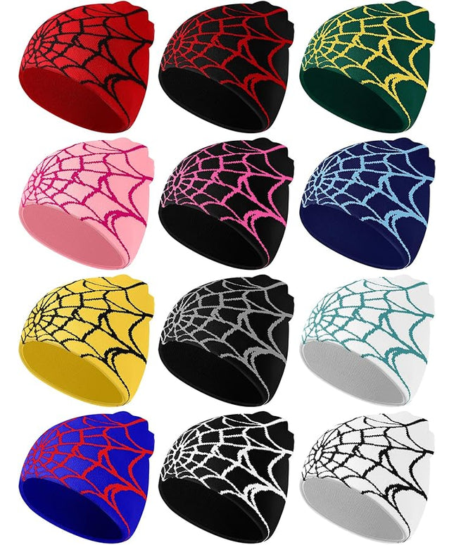 Toulite 12 Pieces Y2K Spider Web Beanie Gothic Graphic Beanies Outdoor Winter Warm Knitted Hat for Men Women