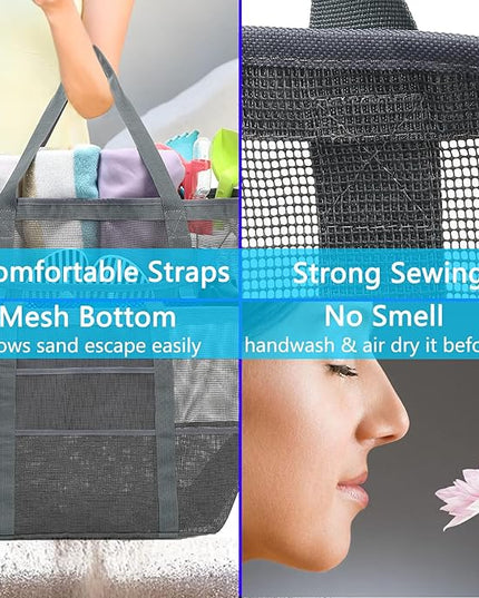 Mesh Beach Bag, Large Beach Tote with Zipper Pocket, Toys Pool Bag for Family Travel Vacation Cruise Essentials