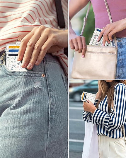 Slim Wallet Credit Card Holder, Green and pink floral print X, RFID Wallet Women Cute Small Front Pocket Wallet With Zipper, PU Leather Thin travel RFID Blocking Card Case ID Window ,Ladies Gifts