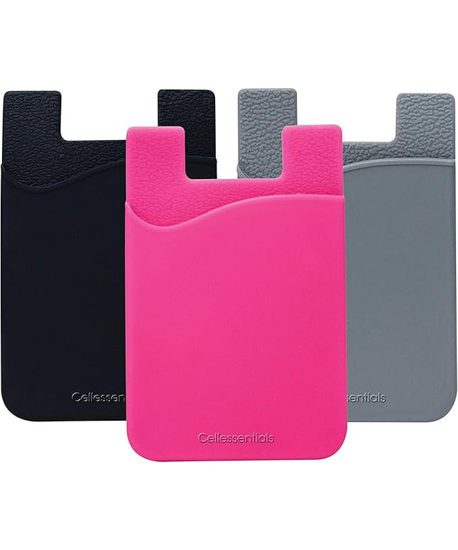 USA Merchant Card Holder for Back of Phone - Silicone Stick on Cell Phone Wallet for Credit Card, ID, Business Card - iPhone, Android and Most Smartphones - 3 Pack (Black,Pink,Grey)