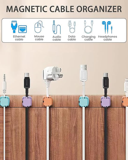 6 Pack Magnetic Cord Organizer & Cable Clips - Adjustable Under Desk Cable Management, Adhesive Wire Holder for Home, Office, Phone, Car, Wall, and Nightstand (White)