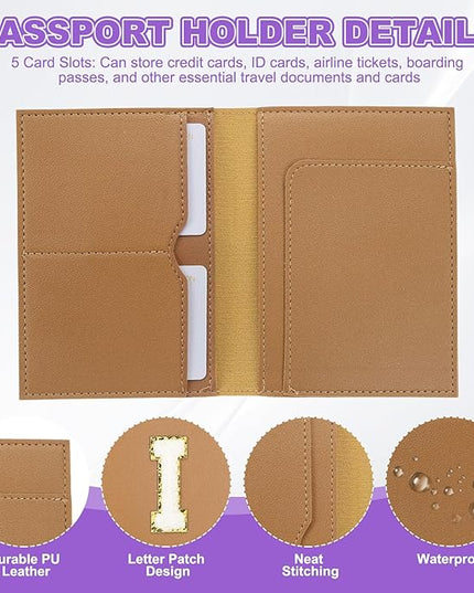 PATIKIL Passport Holder for Travel, Initial Passport Cover and Luggage Tag Set with Alphabet Chenille Letter Patch Travel Wallet Bag Suitcase Identifier for Women Family Travel Brown I