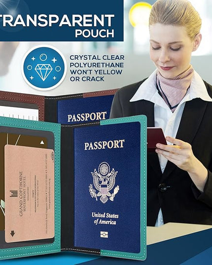 Ciana Passport Holder for Travel – PU Leather Passport Cover and Card Holder for Men & Women – Slim Passport Holder with Card Protector Slot, Travel Must Haves (Brown and Turquoise)